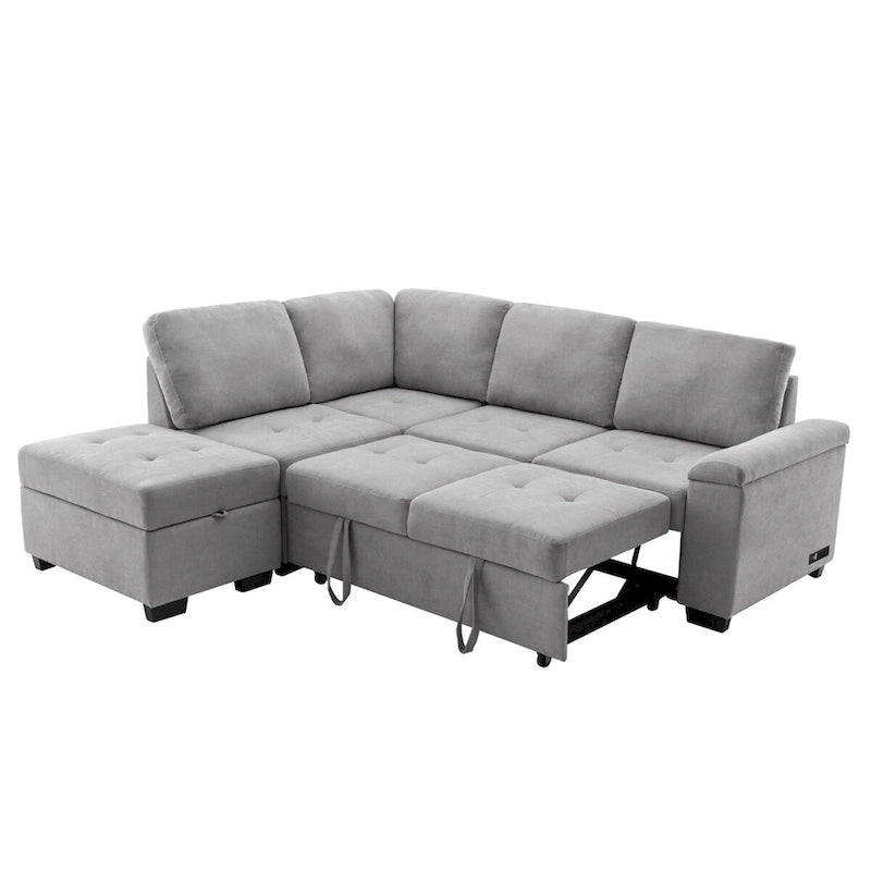Samt Ecksofa mit Schlaffunktion und Stauraum-Ottomane, USB-Ladefunktion