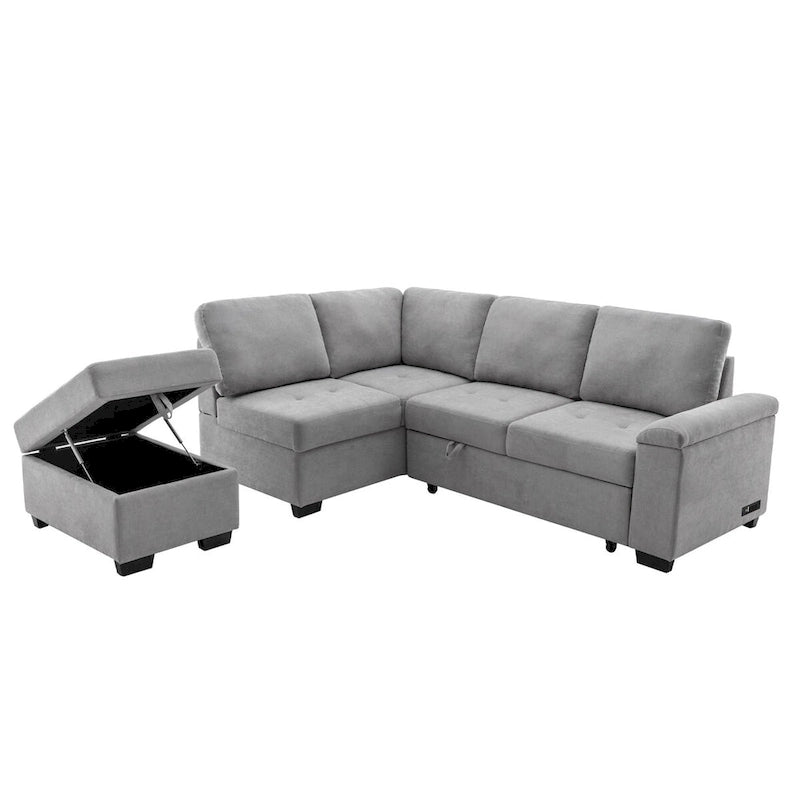 Samt Ecksofa mit Schlaffunktion und Stauraum-Ottomane, USB-Ladefunktion
