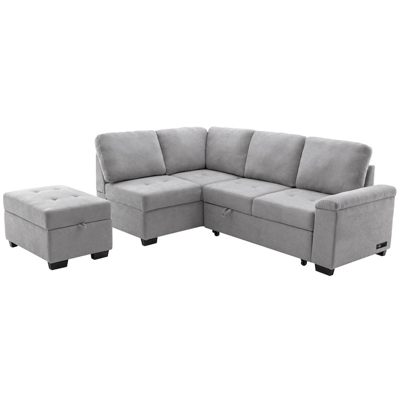 Samt Ecksofa mit Schlaffunktion und Stauraum-Ottomane, USB-Ladefunktion
