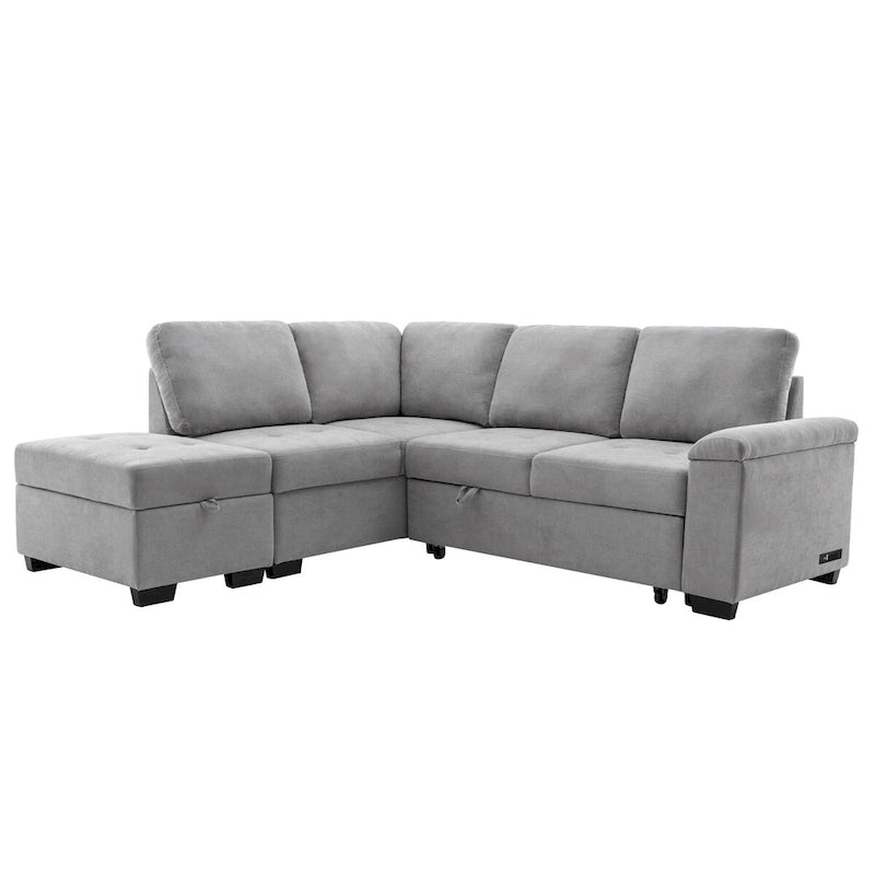 Samt Ecksofa mit Schlaffunktion und Stauraum-Ottomane, USB-Ladefunktion
