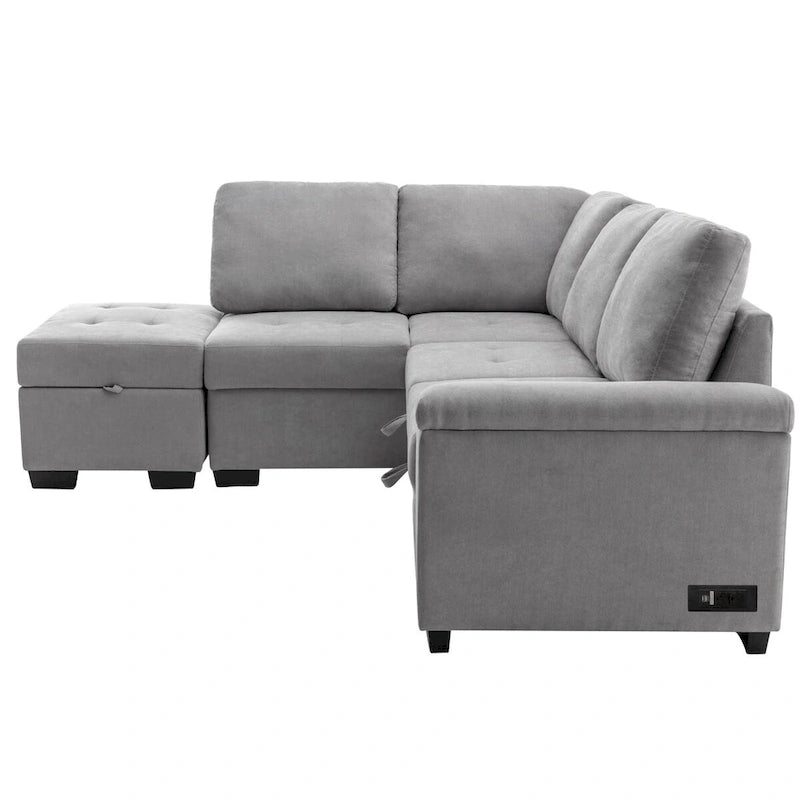 Samt Ecksofa mit Schlaffunktion und Stauraum-Ottomane, USB-Ladefunktion