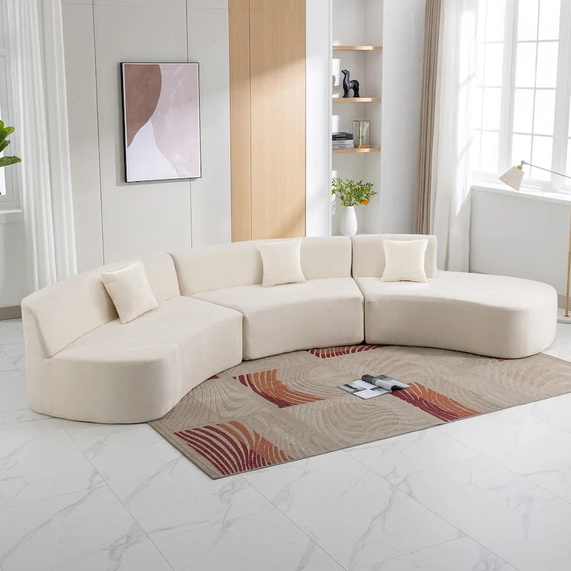 136in Stylish Curved sofa Sectional Sofa Chenille Fabric Sofa Couch with Three Throw Pillows for Living Room,
