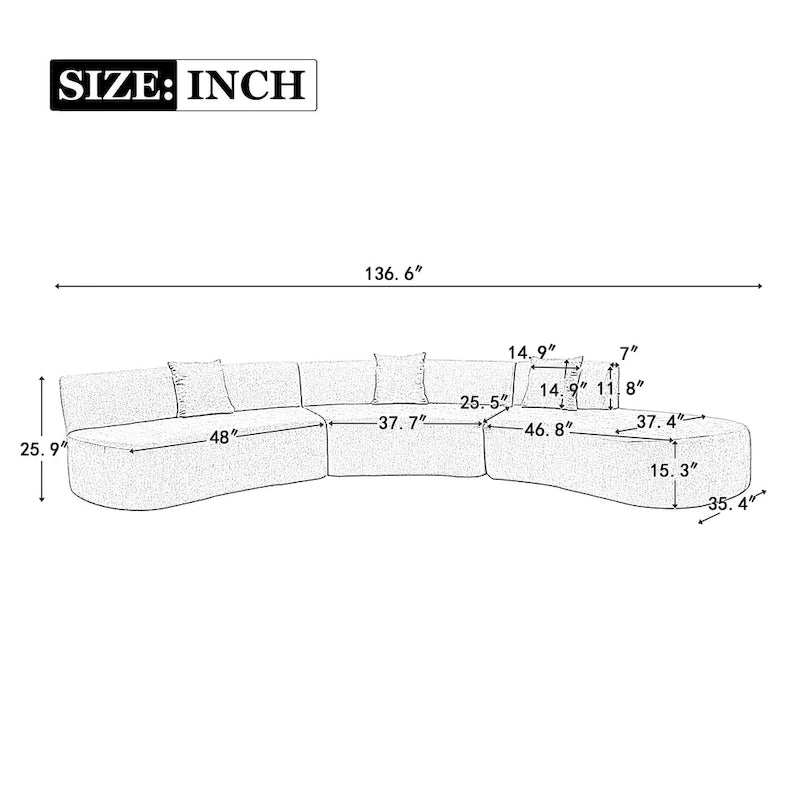 136" geschwungenes Ecksofa aus Chenille-Gewebe mit drei Zierkissen