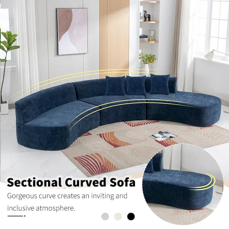 136" geschwungenes Ecksofa aus Chenille-Gewebe mit drei Zierkissen