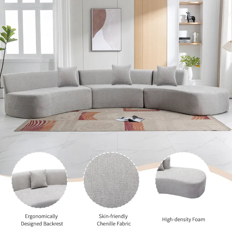 136" geschwungenes Ecksofa aus Chenille-Gewebe mit drei Zierkissen
