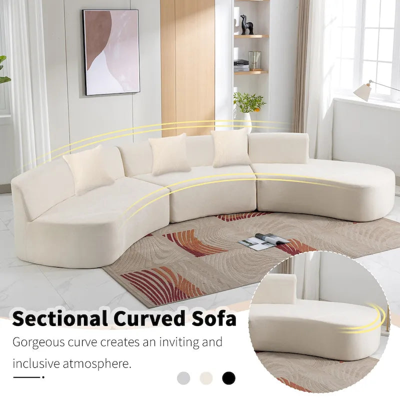 136" geschwungenes Ecksofa aus Chenille-Gewebe mit drei Zierkissen