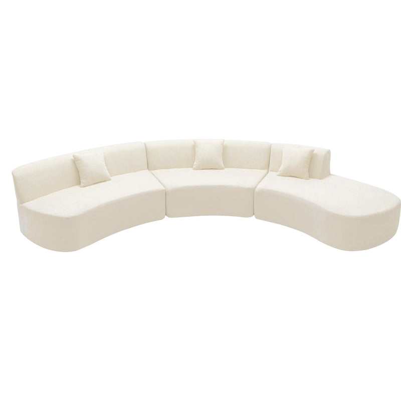 136" geschwungenes Ecksofa aus Chenille-Gewebe mit drei Zierkissen