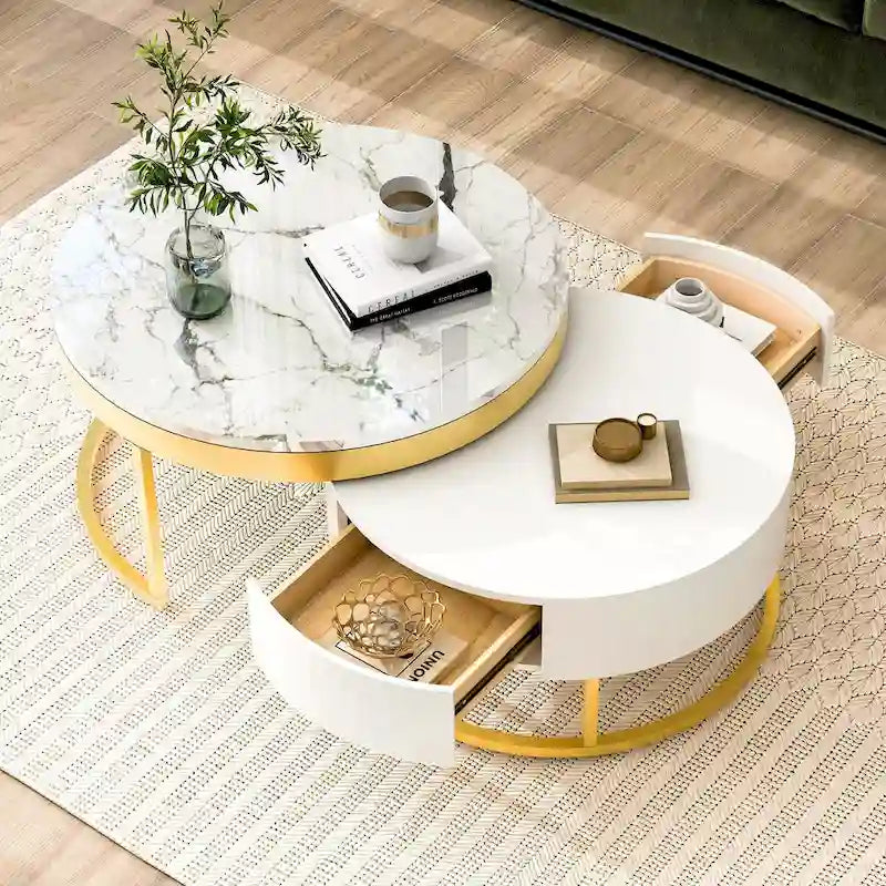 GEITIN Modern Round Nesting Coffee Table with Drawers