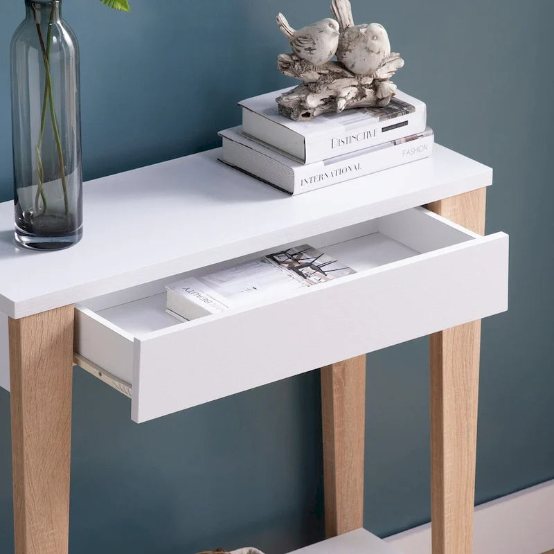 Moderne zweifarbige Konsole mit zwei Ablagen – Weiß und Beige